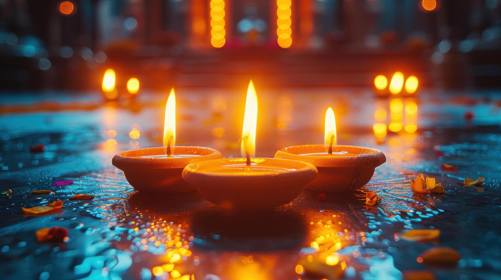 Three Clay diya candle with sparkle light in bokeh background in Diwali or Deepavali Hindu festival of India and gold lights celebration in the temple photo