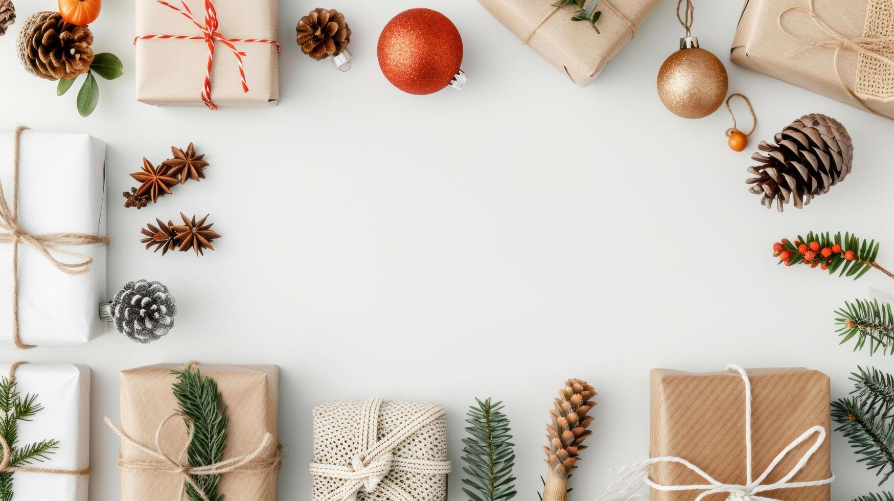 top view of vintage gift box with pine leaf and pine cone with red ball decorated on white background for celebration on merry christmas and new year festival holiday. Flat lay photo