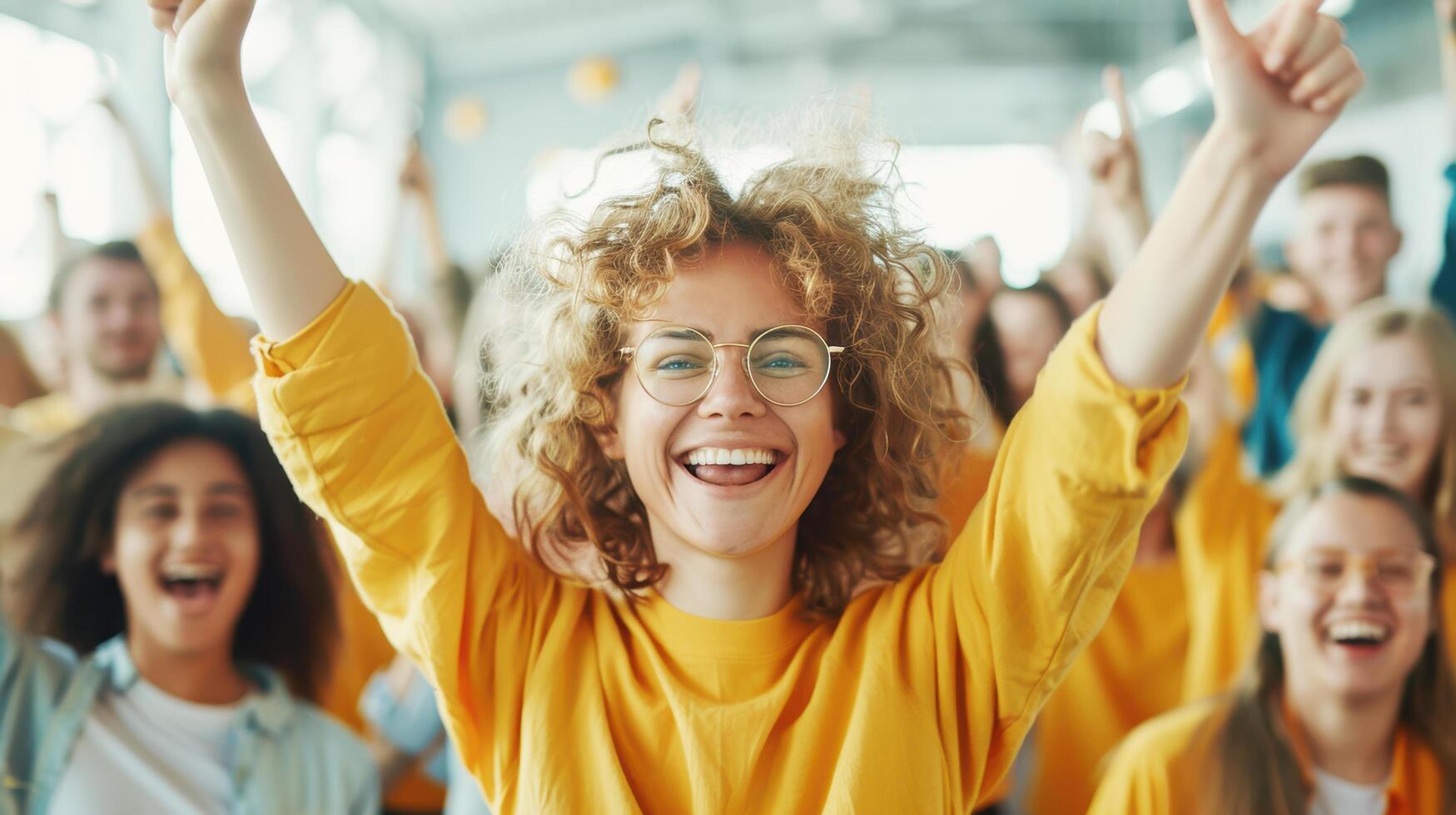 Smiling caucasian teenage girl with friend and university student activist group gather together to do activities in the auditorium for cheering election of student president photo