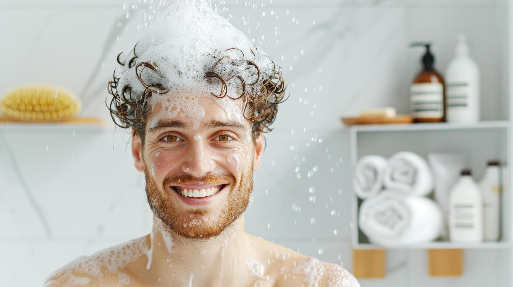 Smiling Caucasian handsome man smiling and relaxing washes hair and shampoo foams and shower with bubbles in cozy bathroom photo