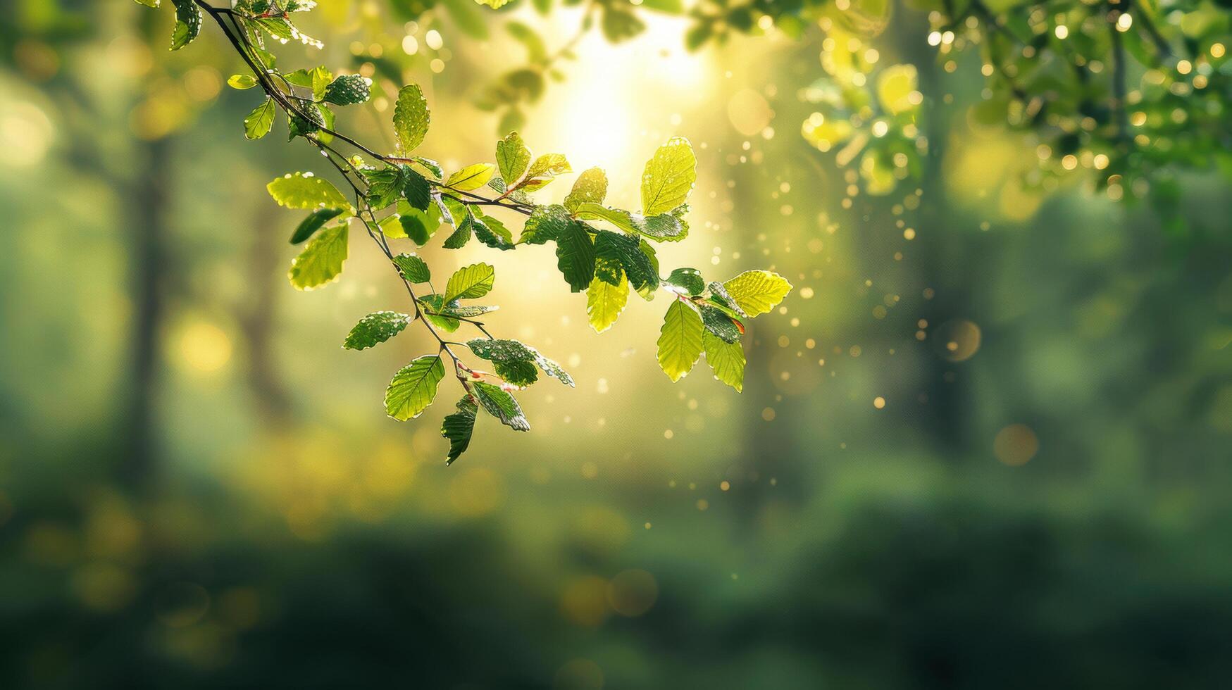 leafy tree branch with leaves that are green and sun ray shining foliage greenery leaves on summer in tropical forest. copy space photo