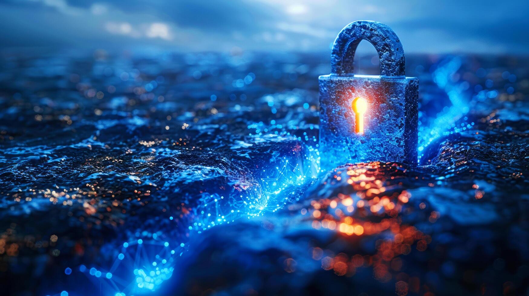 Sparkle blue light shining on master key and lock on the ground cracks in the lava. Cyber security technology lock digital padlock representing data encryption and network protection. Online privacy photo