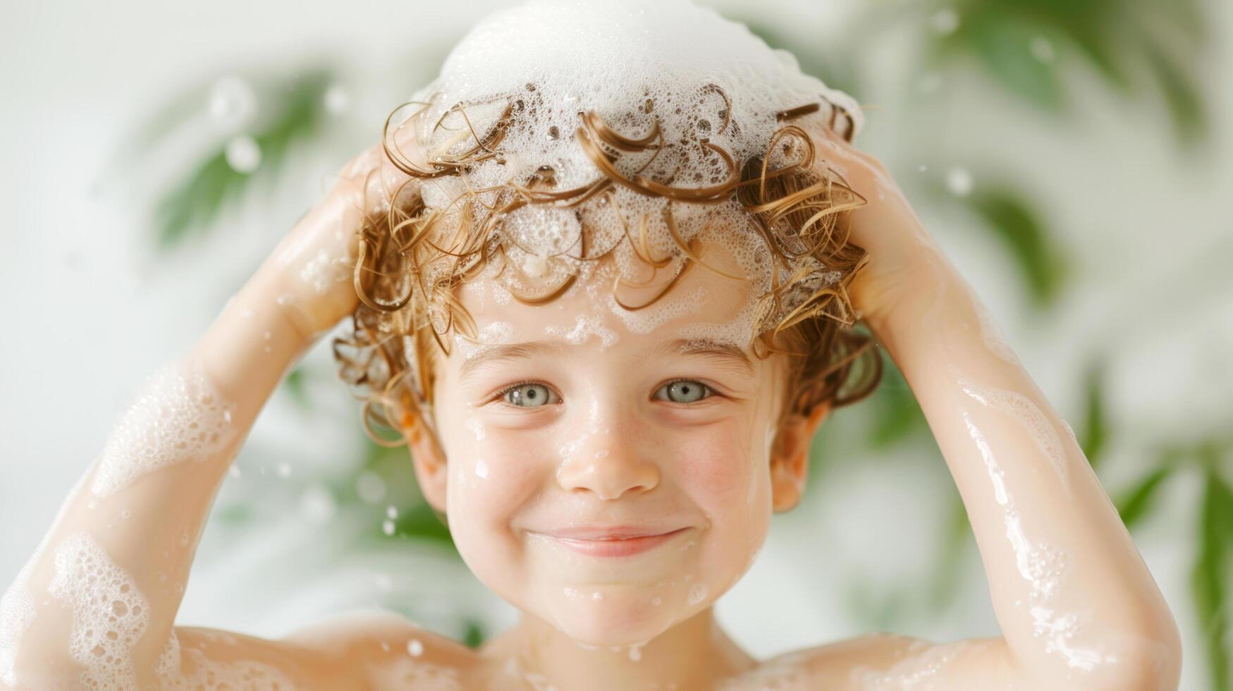 Smiling caucasian boy kid is taking a shower and washing hair with shampoo foam on head in bathroom photo