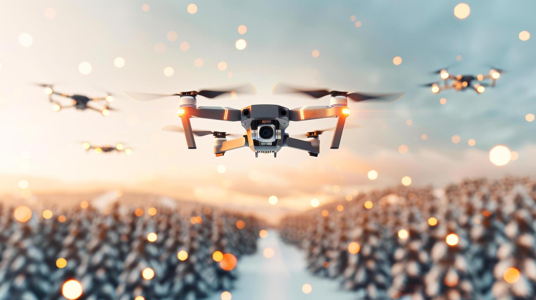 drone quadcopter with digital camera on sky over pine forest in natural sunlight and snow fall of evening for christmas night on holiday photo