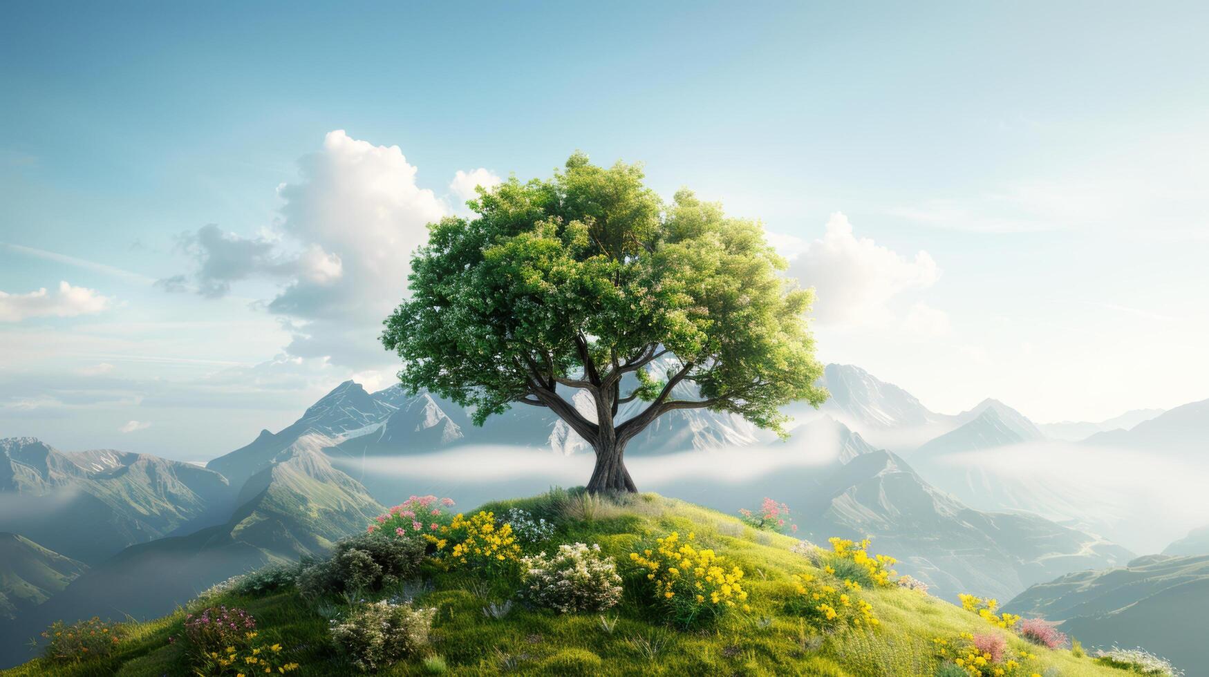 Beautiful landscape lonely tree on greenery hill with wildflower field and destination snow fall on valley mountain with foggy and blue sky in sunlight on heaven photo