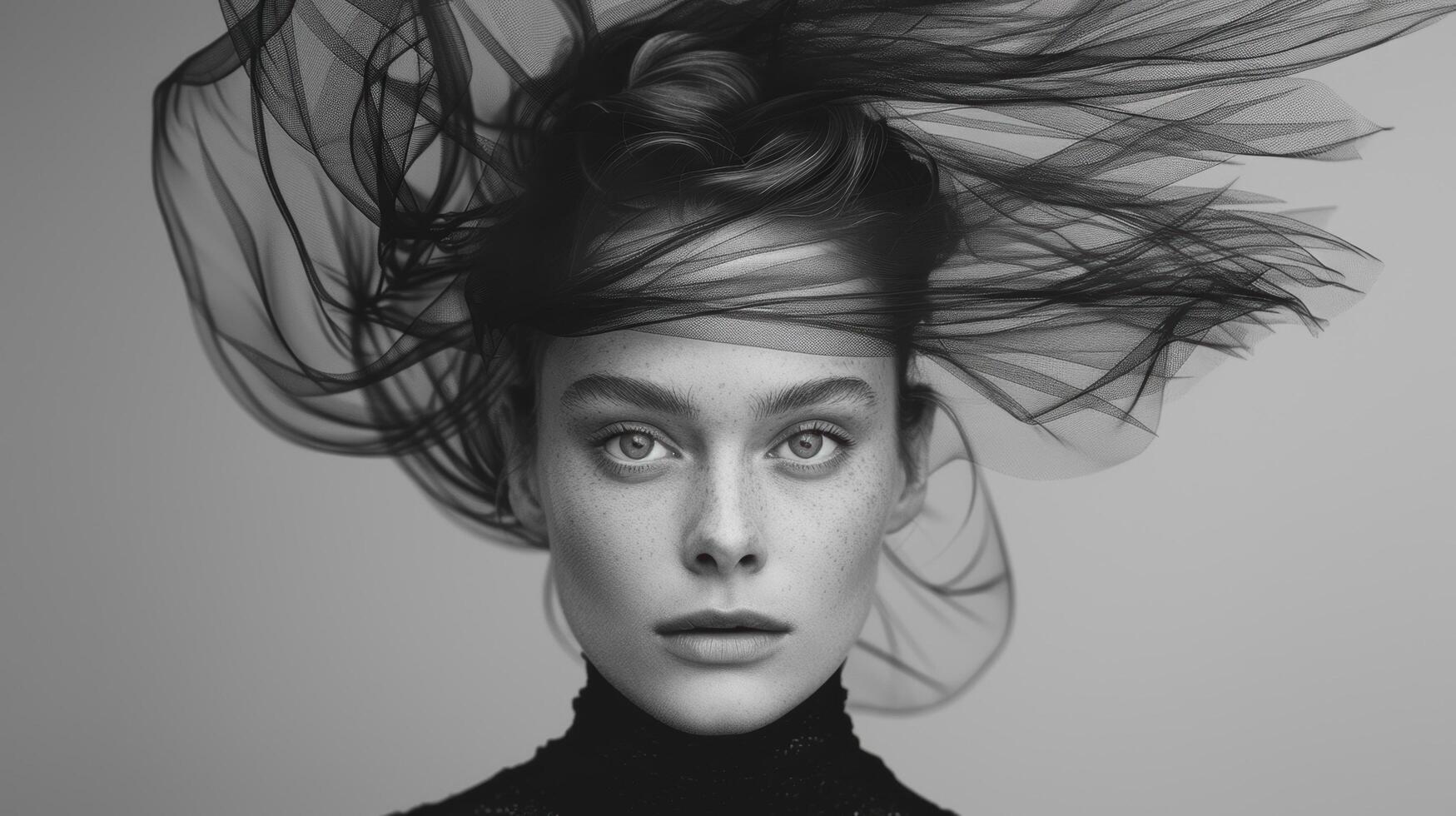 Close up Caucasian woman face model for mystery concept on black and white fashion background photo