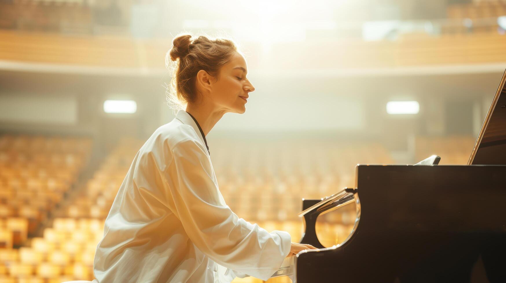 Professional Caucasian woman pianist is playing piano with golden light glowing and shining on stage increasing the abilities of performance concert photo