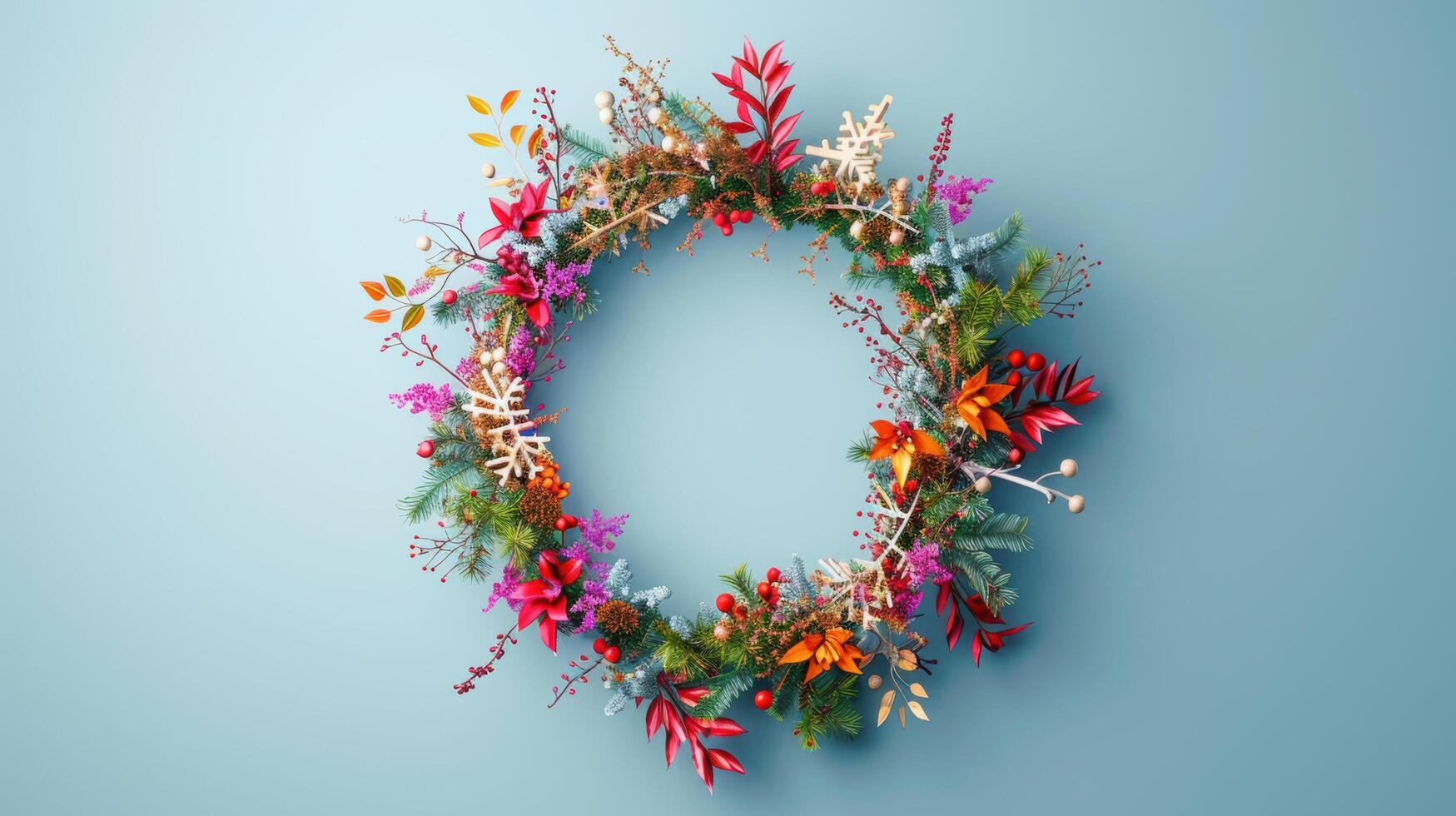 Christmas frame wreath with evergreen fir tree and colorful blooming flower decorated on pastel blue background. Flat lay and top view photo