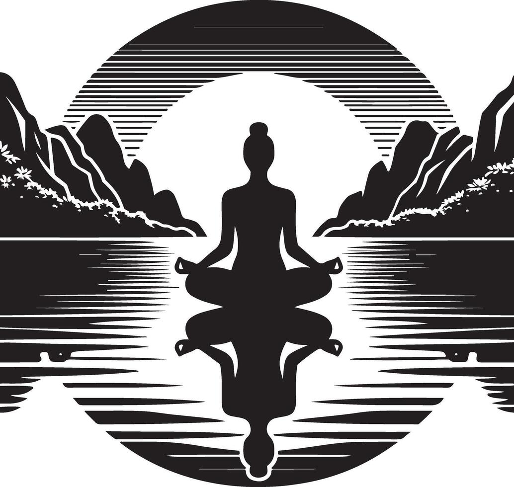 Silhouette of Meditation by a Calm River vector