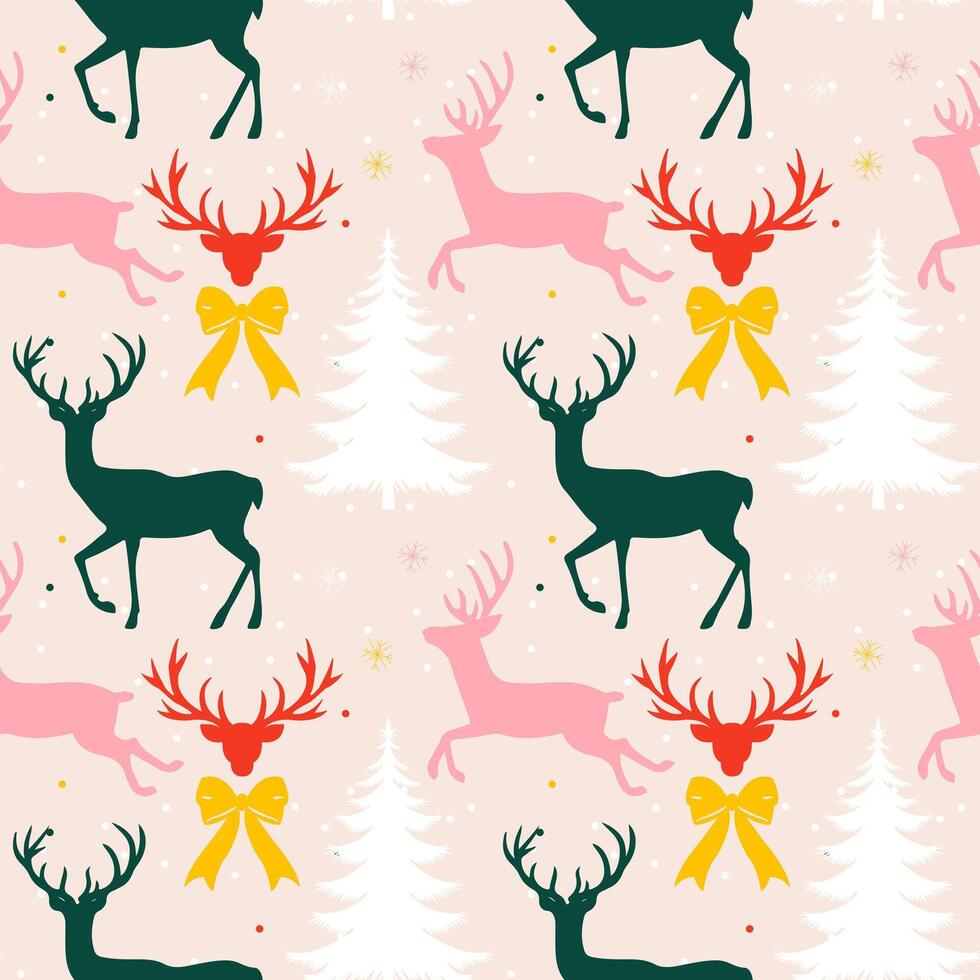 Seamless pattern with silhouettes of Christmas Reindeer and Christmas tree on a light background. Festive Christmas pattern in green, red and pink colors for wrapping paper or textile base. vector