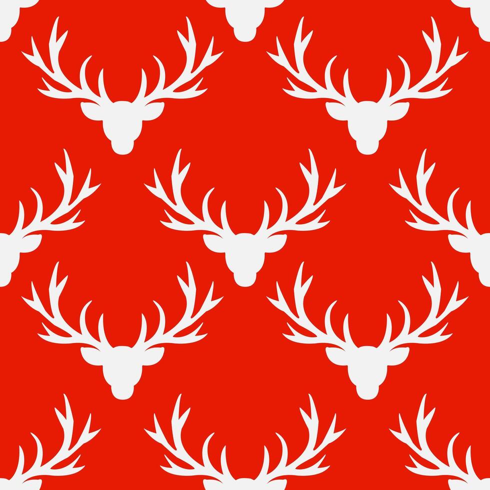 seamless pattern with white silhouettes of Reindeer heads with horns on a red background. vector