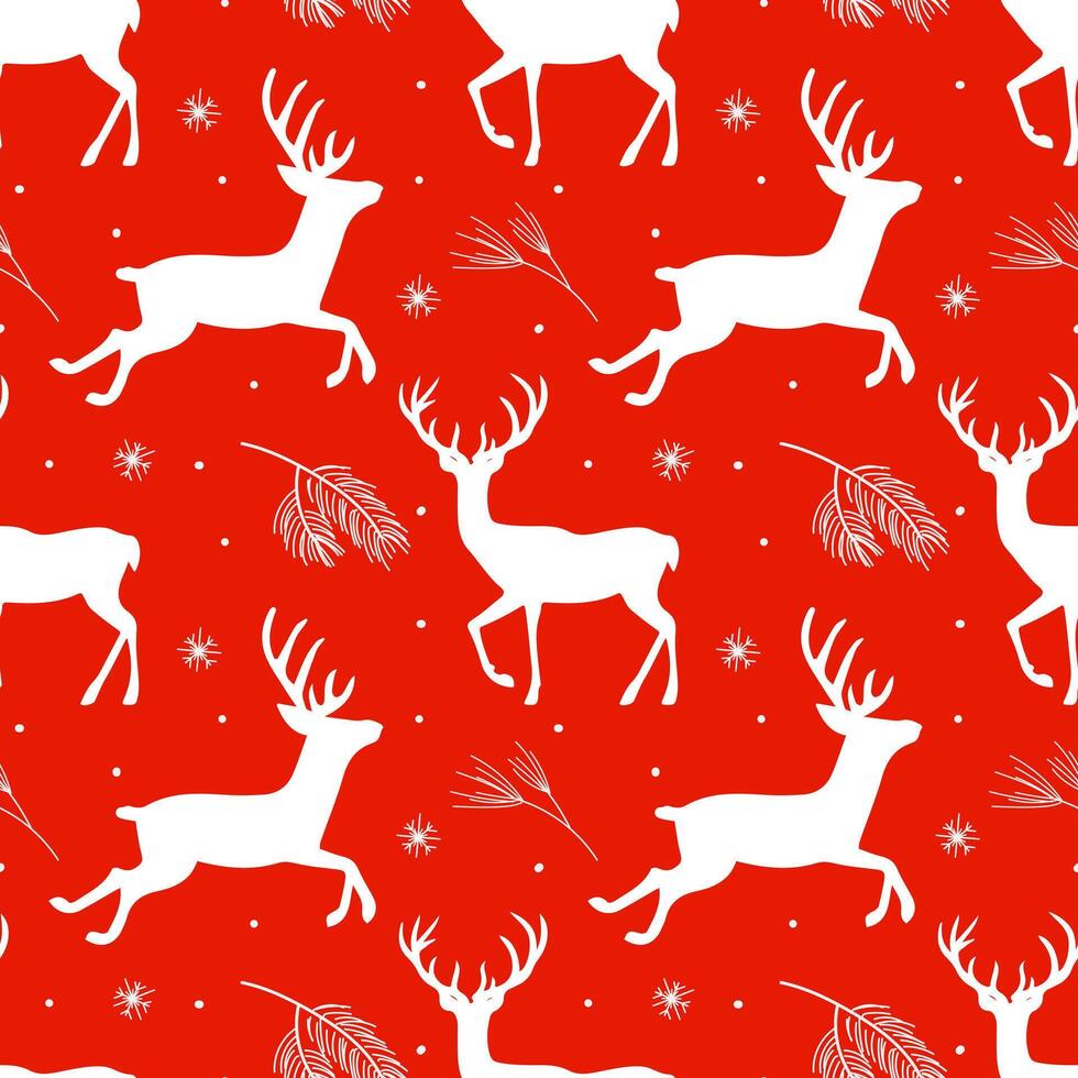 seamless pattern with white silhouettes of Reindeer and branches of Christmas trees on a red background. vector