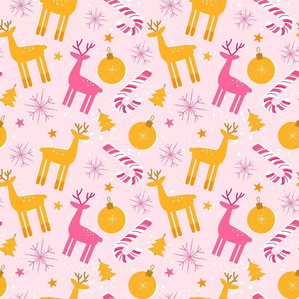 Christmas seamless pattern with pink and gold reindeer and Christmas balls. Festive winter pattern in flat style with snow for wrapping paper. vector
