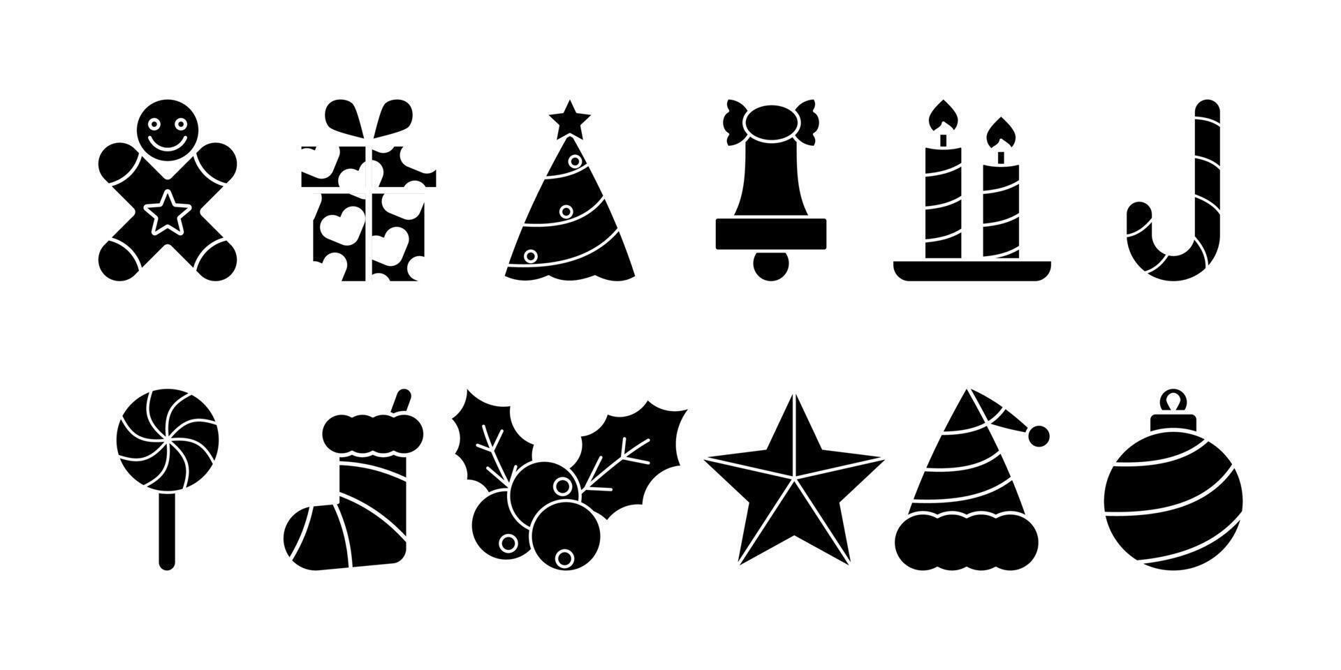 Collection of Christmas ornament icons such as gift icons, stars, lollipops, Christmas trees, Santa hats, berries, socks. simple silhouette design vector