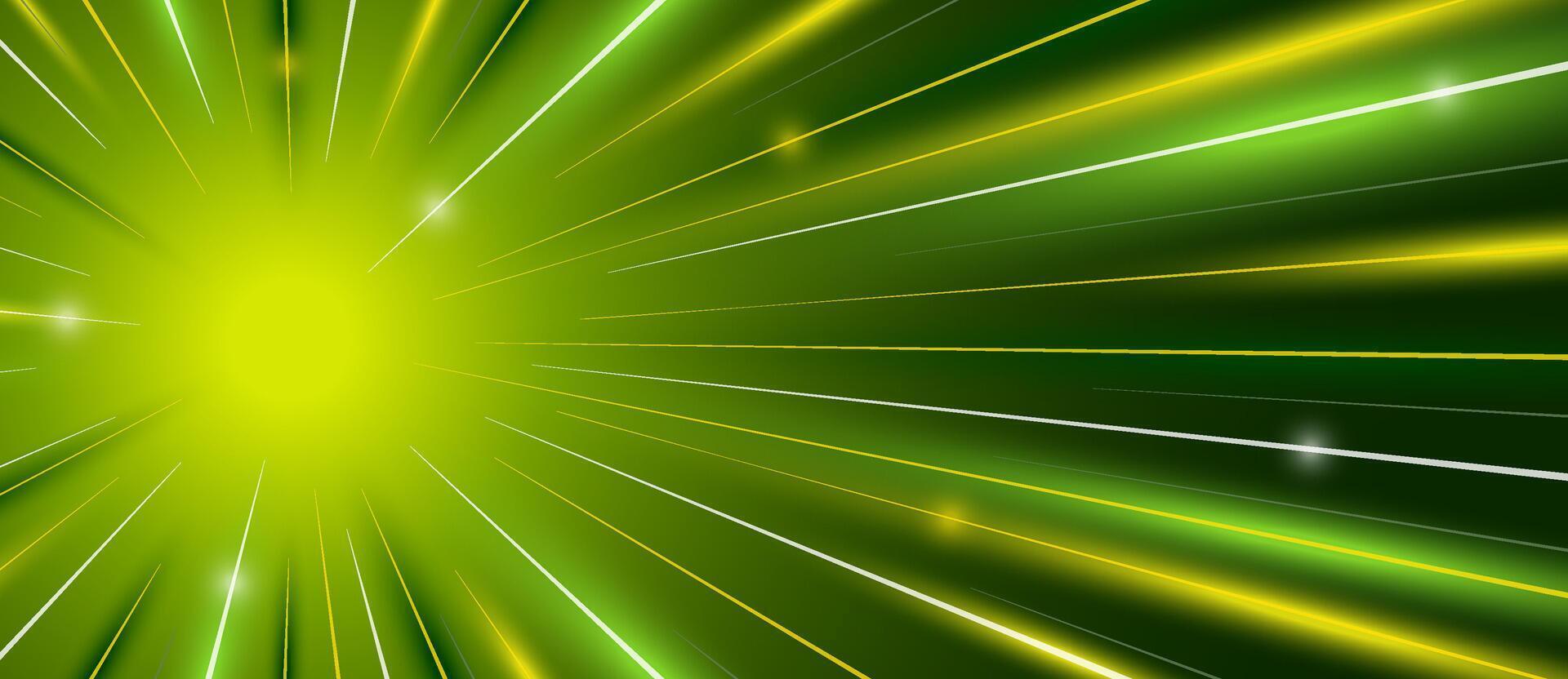 Abstract glowing green energy dynamic light rays. Nuclear electron fusion radiation high speed stripes concept. Anime comic strip radial motion luminous linear trails. Superhero action effect banner vector