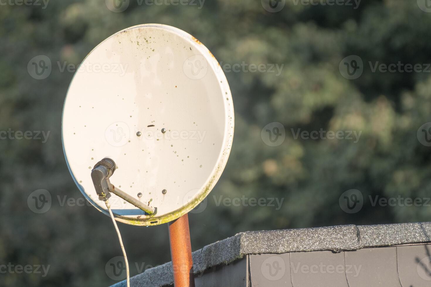 Satellite dish on a roof capturing signals with blurred trees in background photo