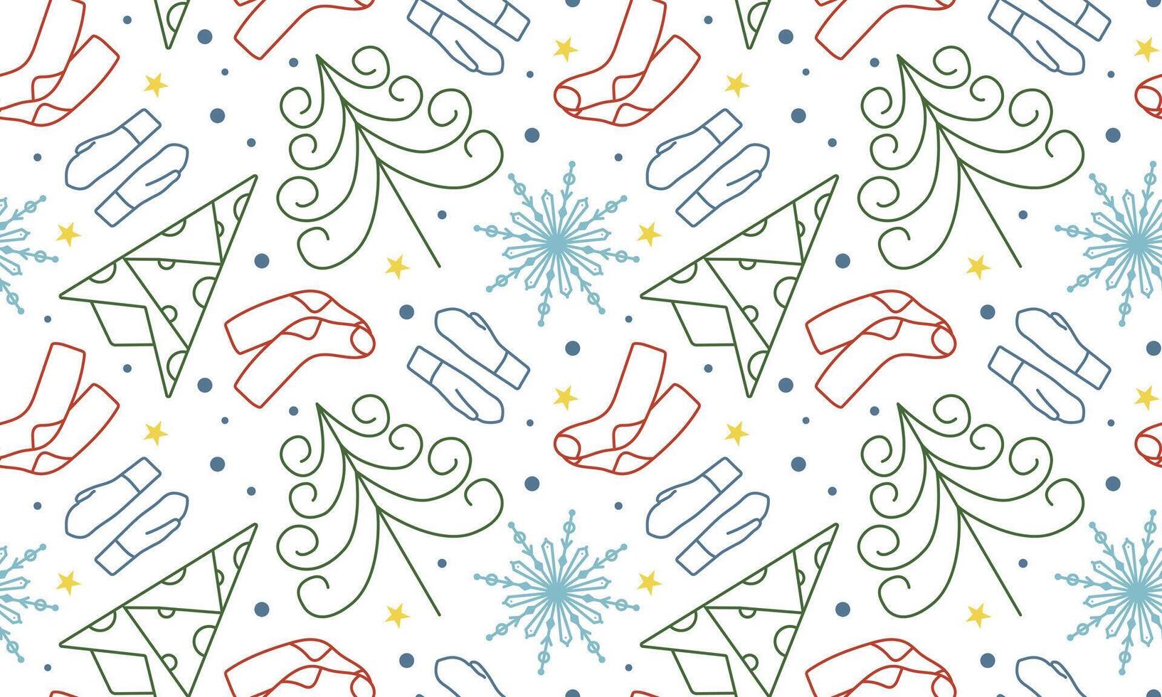 Seamless pattern with Christmas tree and snowflakes in doodle style. Geometric trees for New Year. Winter mittens and warm socks. vector