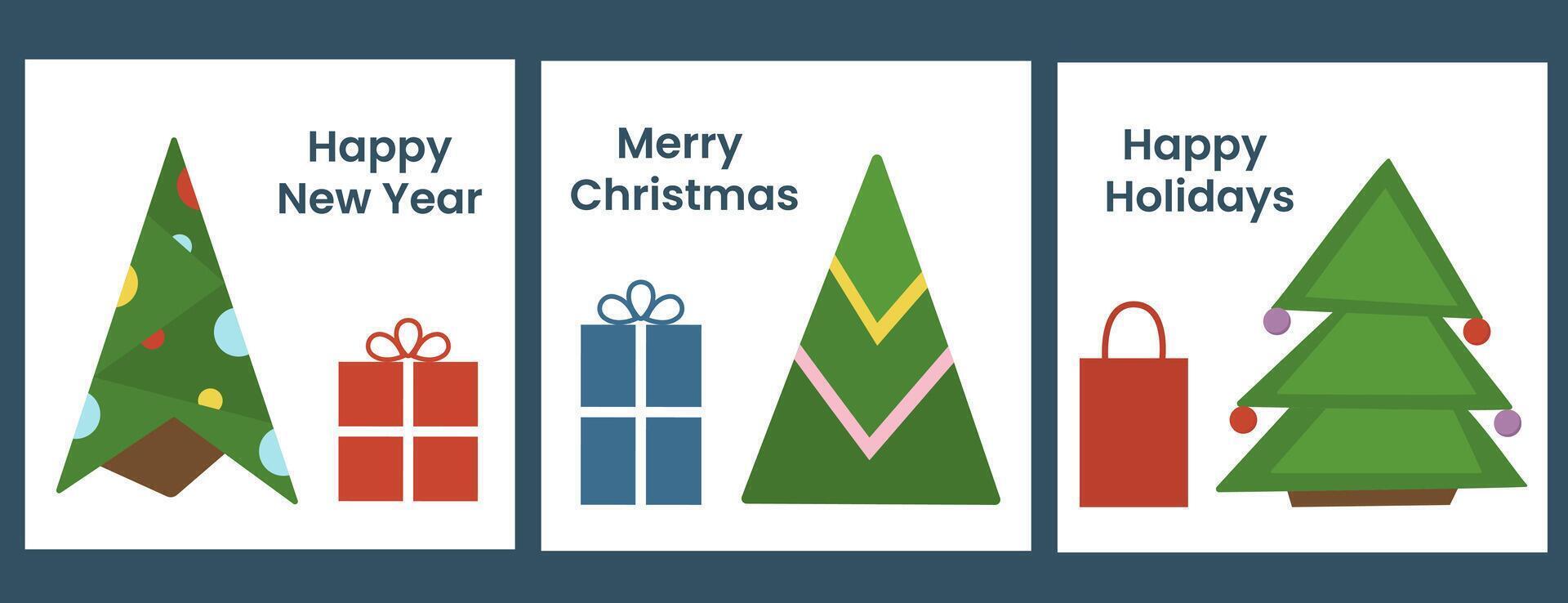 Set of winter images with Christmas trees and gifts. Greeting cards for New Year and Christmas. vector