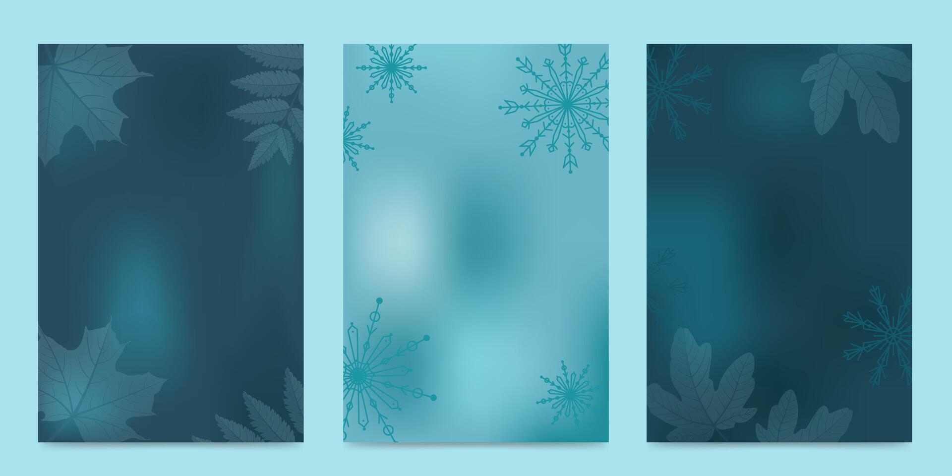 Set of winter backgrounds with icy leaves and snowflakes. Greeting cards for New Year and Christmas. Abstract winter background. vector