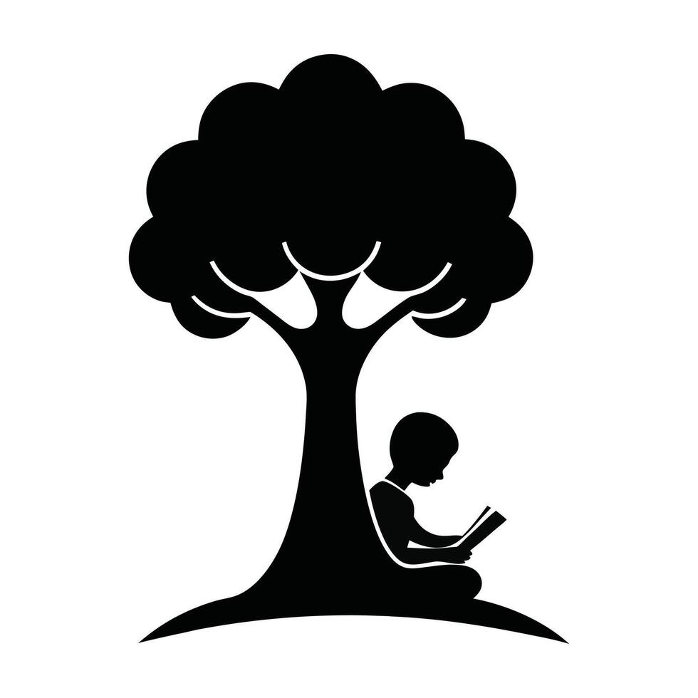 A black silhouette of a boy reading under a tree vector