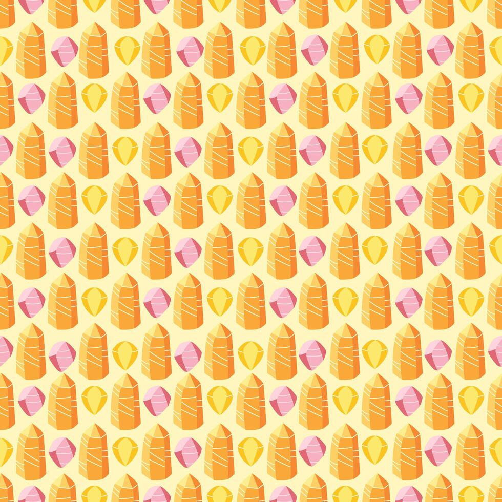 Seamless pattern with colorful yellow and orange crystal gemstones. Flat background illustration for fabrics, wrapping papers, wallpapers, covers. vector