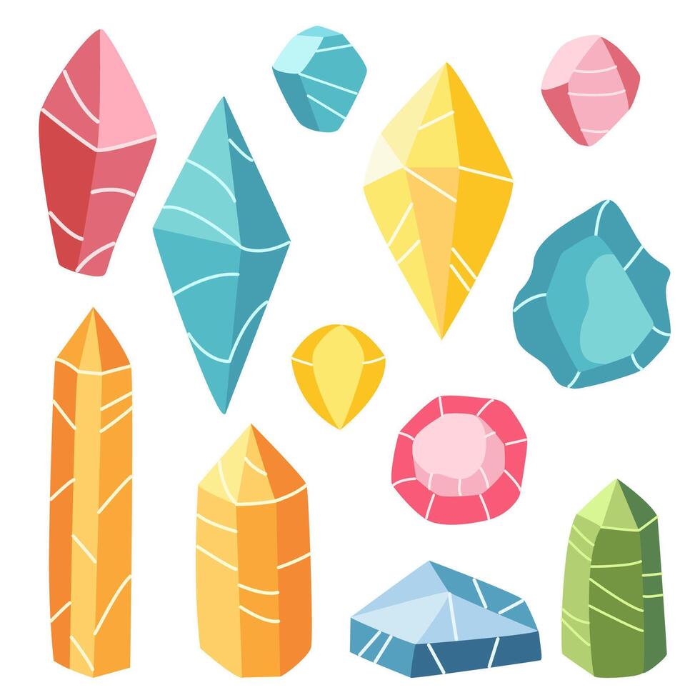 Set of colorful crystals in a flat style. Collection of various gemstone shapes with bright, vibrant colors and simple, geometric designs. vector