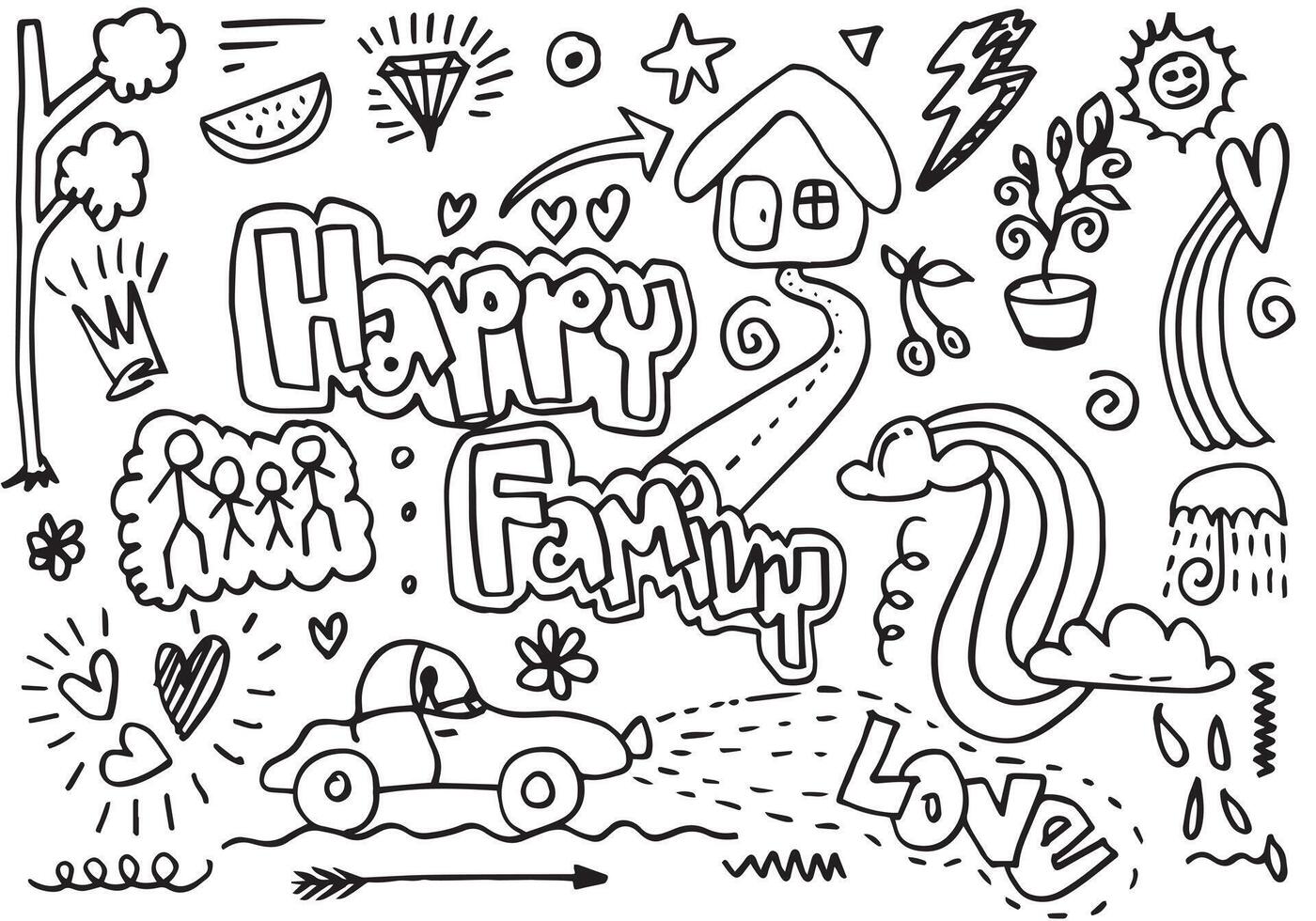 doodle hand drawings such as writing happy family, love and other symbols on a white background vector