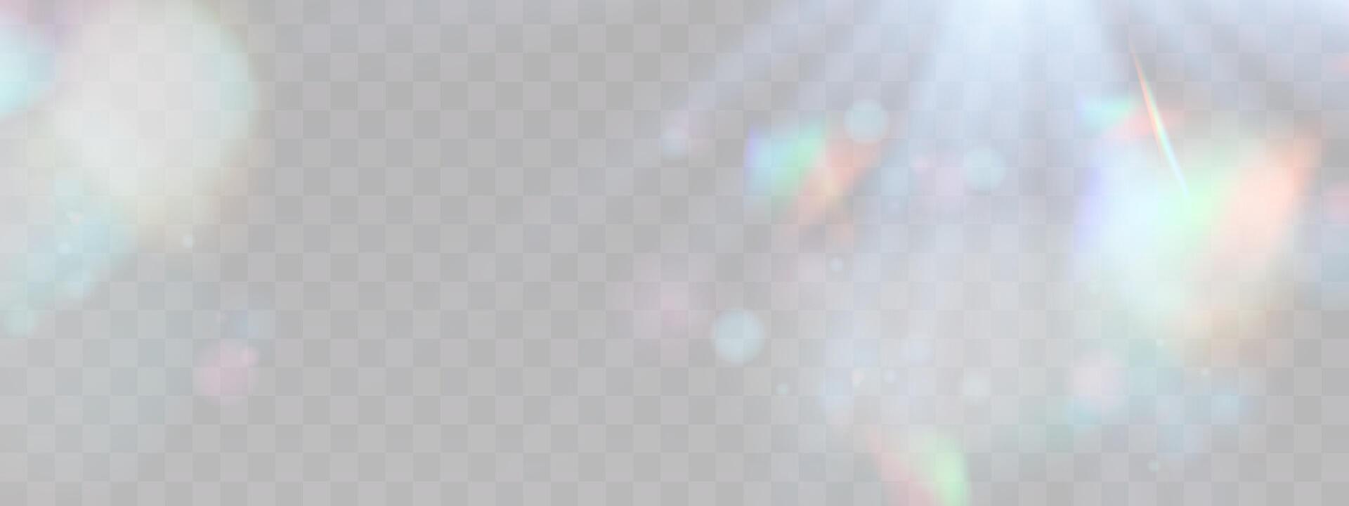 Blurred rainbow refraction overlay effect. Light lens prism effect. Holographic reflection, crystal flare leak shadow overlay vector