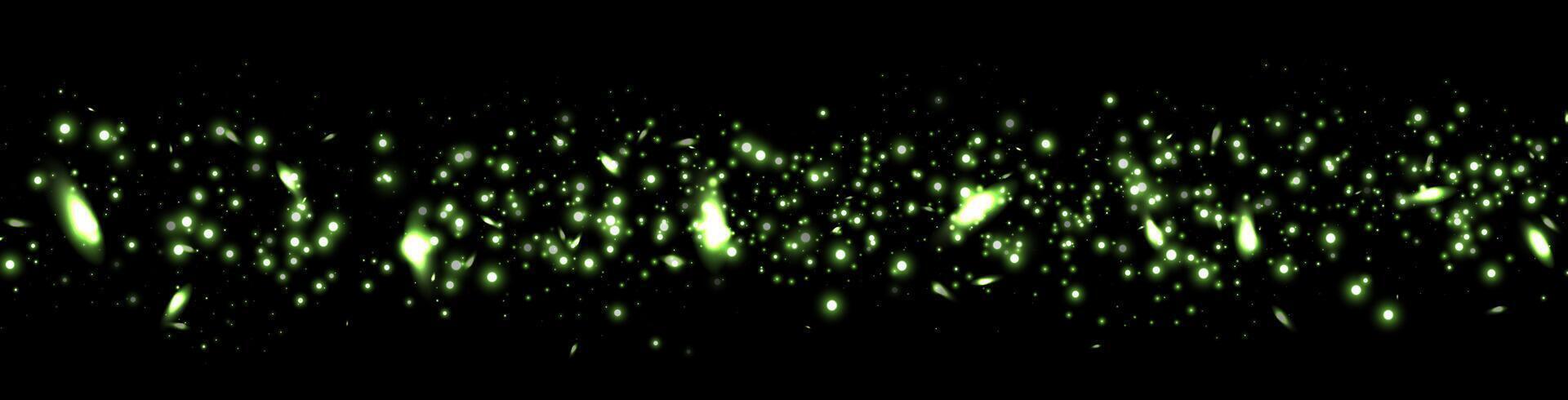 Green glittering dots, particles, stars magic sparks. Dust cloud flare light effect. Green luminous points with smoke. vector