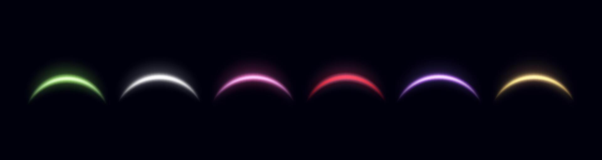 Magic arches different colors with glowing particles, sunlight lens flare. Neon realistic energy flare arch. Abstract light effect vector