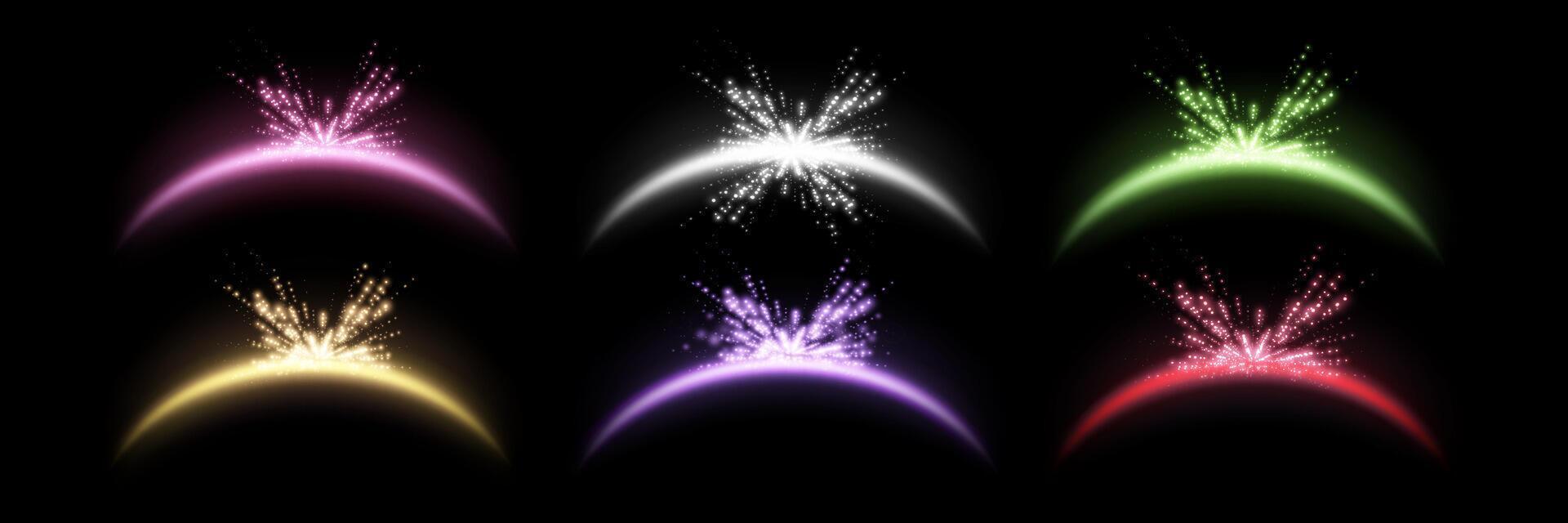 Magic arches different colors with glowing particles, sunlight lens flare. Neon realistic energy flare arch. Abstract light effect vector
