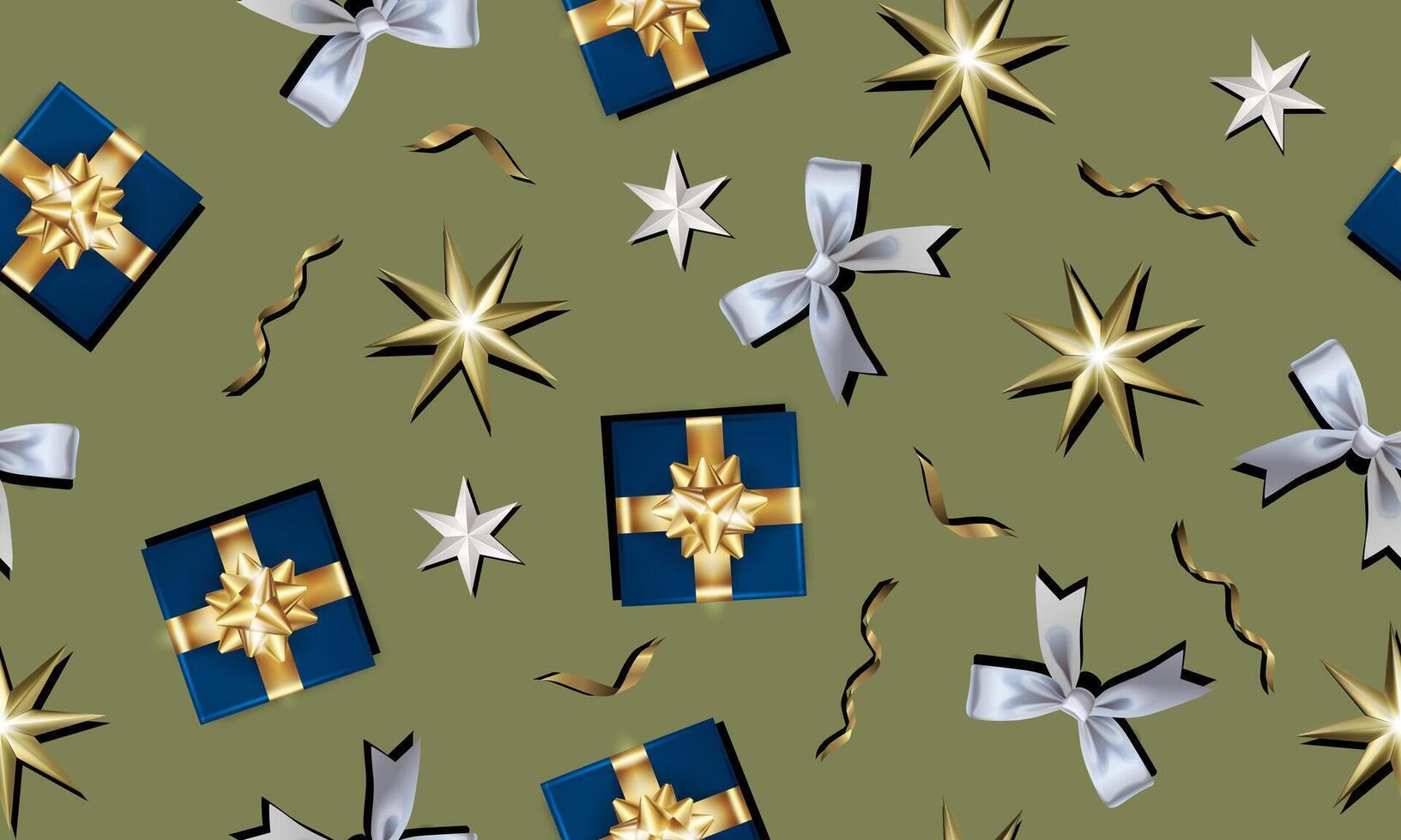 seamless pattern of gift boxes and ribbon and gold stars. vector
