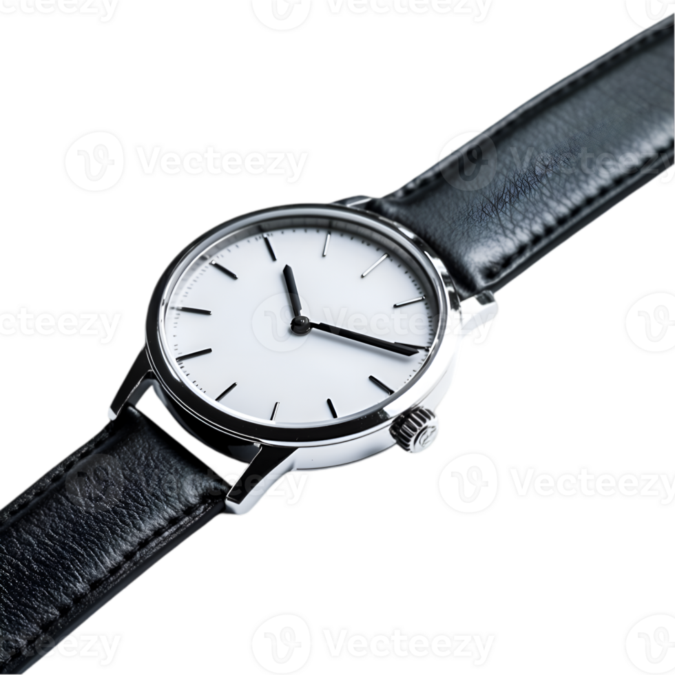 Black leather watch with silver face png