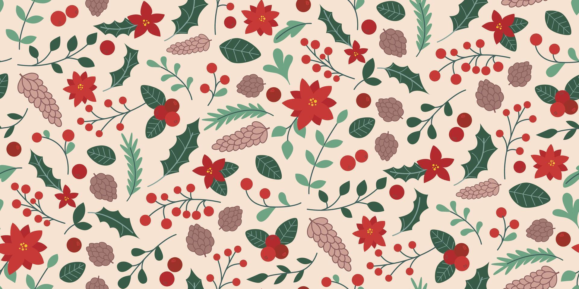 Botanical Christmas seamless pattern with fir branches, holly, flowers and berries vector