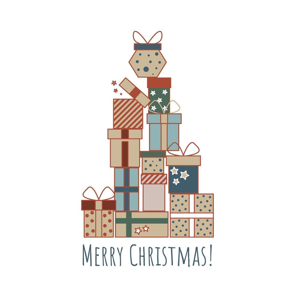 Stack of gifts in the shape of Christmas tree with the inscription Merry Christmas vector