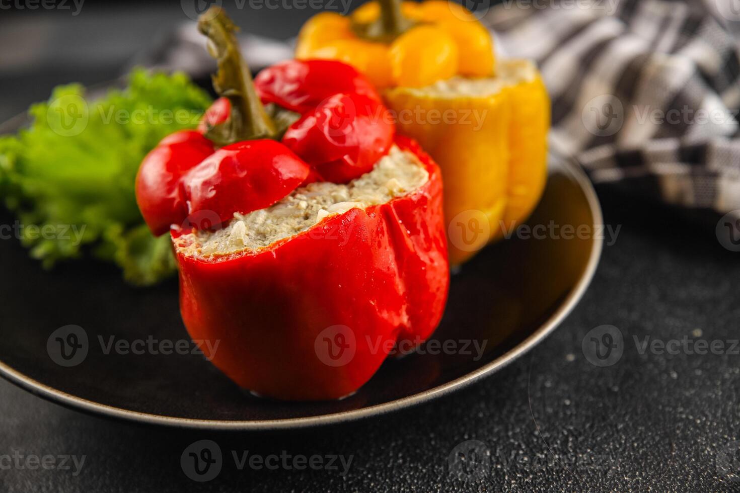 bell pepper stuffed meat and rice tasty food dish second course Fresh delicious gourmet food background on the table rustic food top view copy space top view photo