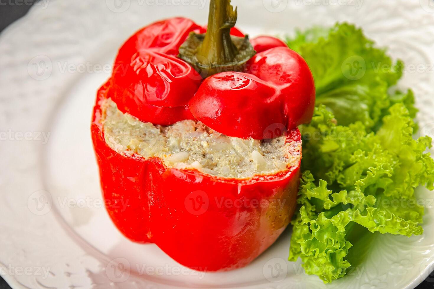 bell pepper stuffed meat and rice tasty food dish second course Fresh delicious gourmet food background on the table rustic food top view copy space top view photo