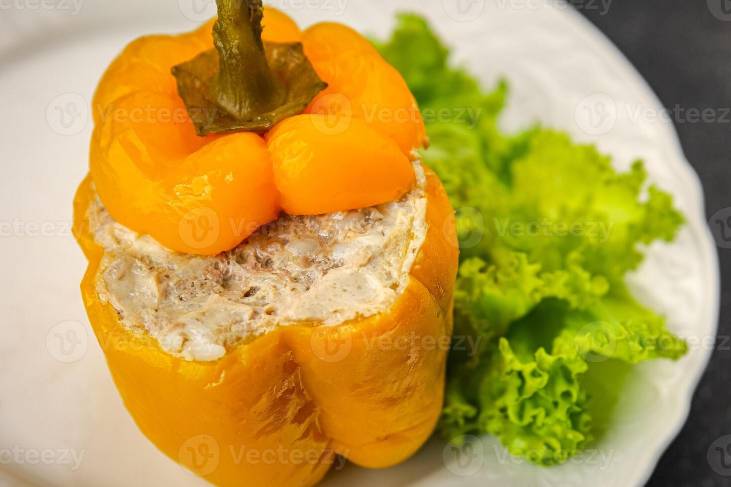 bell pepper stuffed meat and rice tasty food dish second course Fresh delicious gourmet food background on the table rustic food top view copy space top view photo