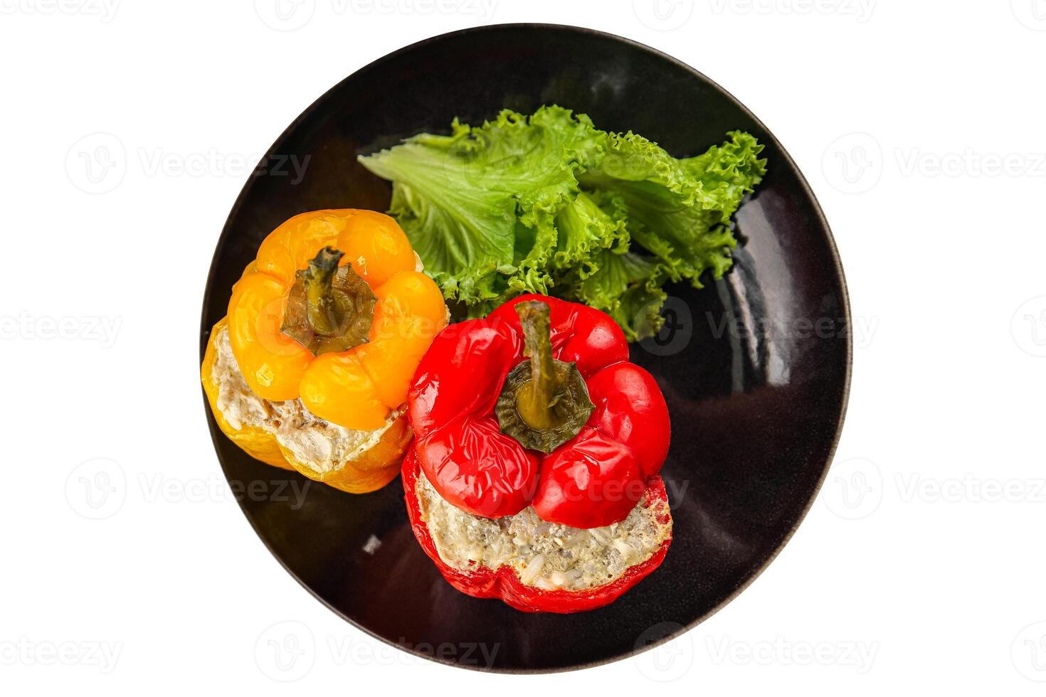 bell pepper stuffed meat and rice tasty food dish second course Fresh delicious gourmet food background on the table rustic food top view copy space top view photo
