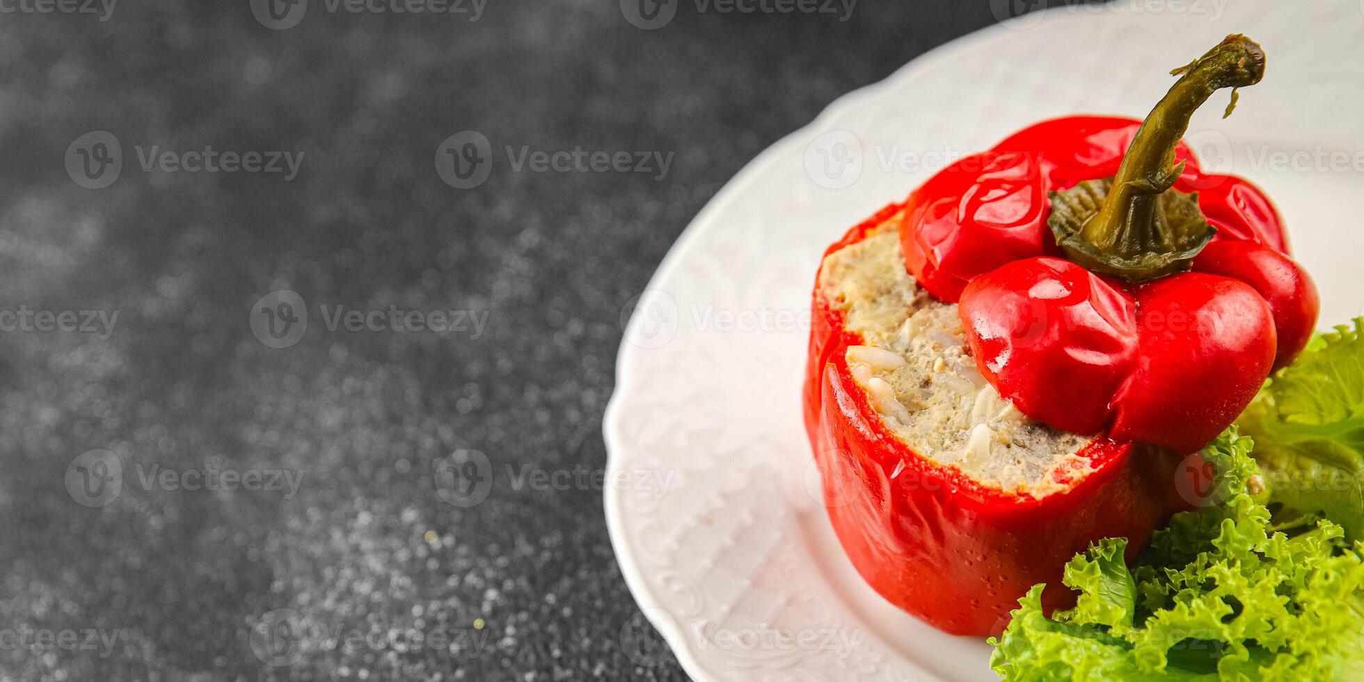 bell pepper stuffed meat and rice tasty food dish second course Fresh delicious gourmet food background on the table rustic food top view copy space top view photo