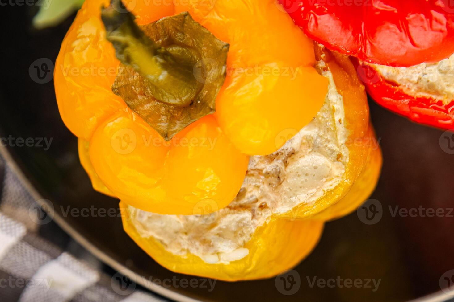 bell pepper stuffed meat and rice tasty food dish second course Fresh delicious gourmet food background on the table rustic food top view copy space top view photo