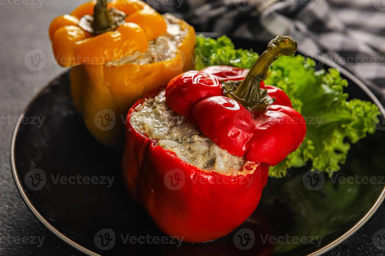 bell pepper stuffed meat and rice tasty food dish second course Fresh delicious gourmet food background on the table rustic food top view copy space top view photo