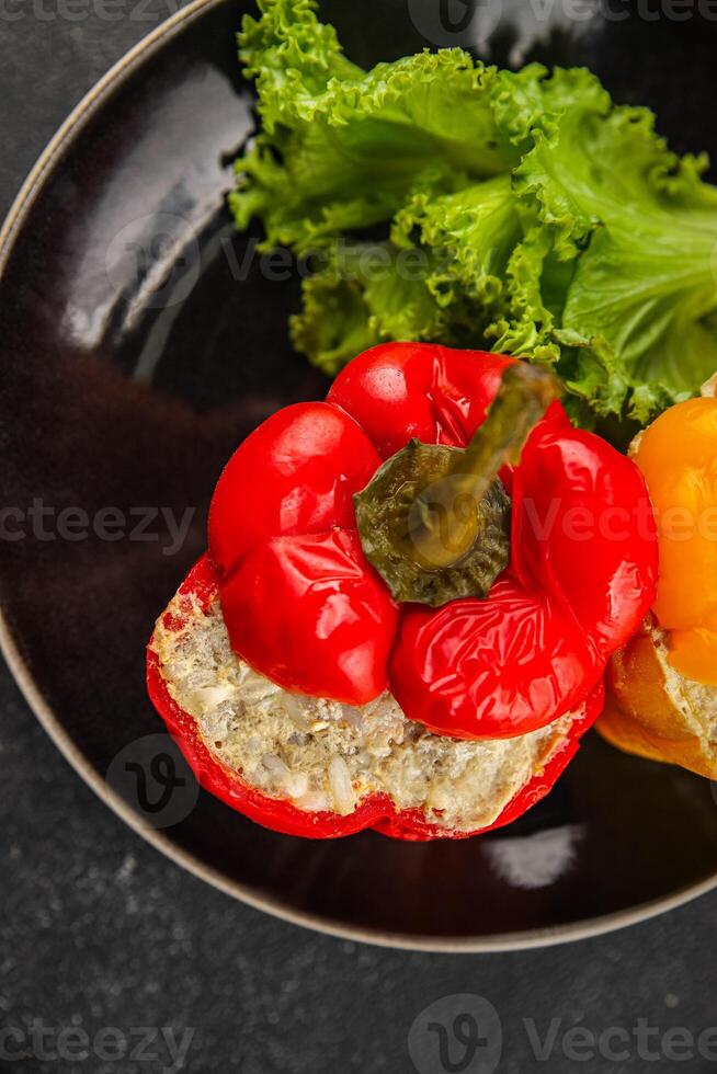 bell pepper stuffed meat and rice tasty food dish second course Fresh delicious gourmet food background on the table rustic food top view copy space top view photo