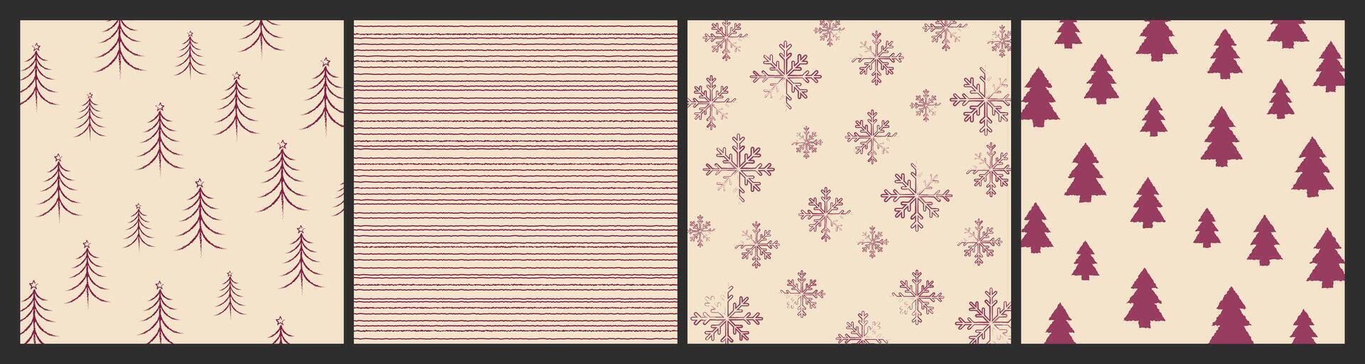 set of Christmas patterns featuring xmas trees, with a Scandinavian Norwegian simple winter print. This minimalistic graphic illustration includes a striped herringbone pattern adorned with snowflakes vector
