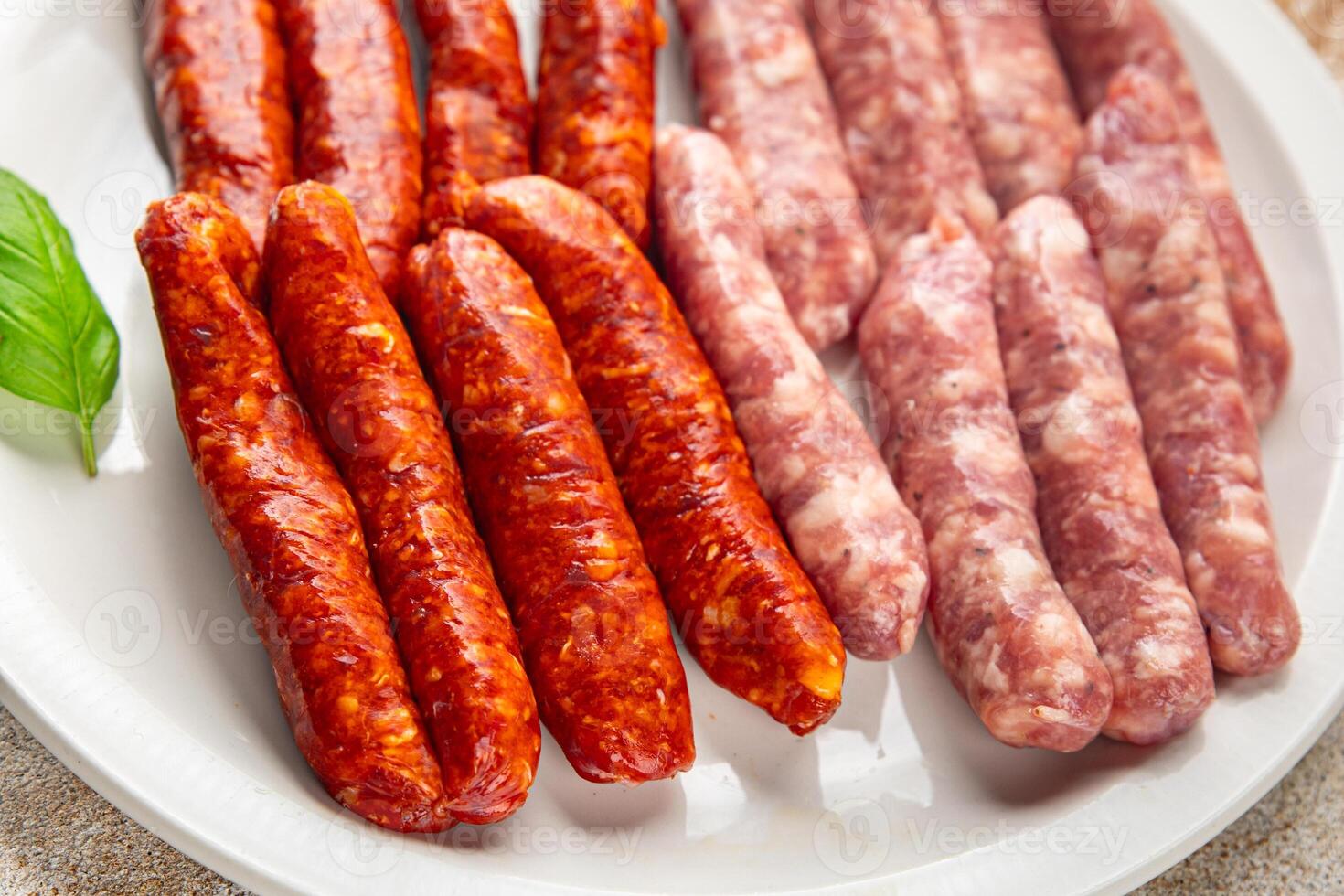 raw meat sausages beef, pork, chicken, lamb, dish fresh delicious gourmet food background on the table rustic food top view copy space photo