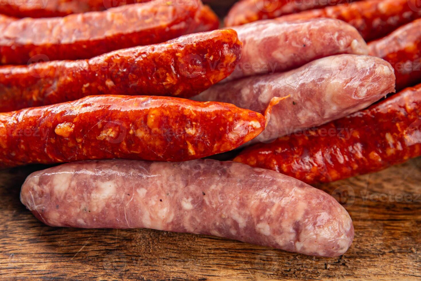 raw meat sausages beef, pork, chicken, lamb, dish fresh delicious gourmet food background on the table rustic food top view copy space photo
