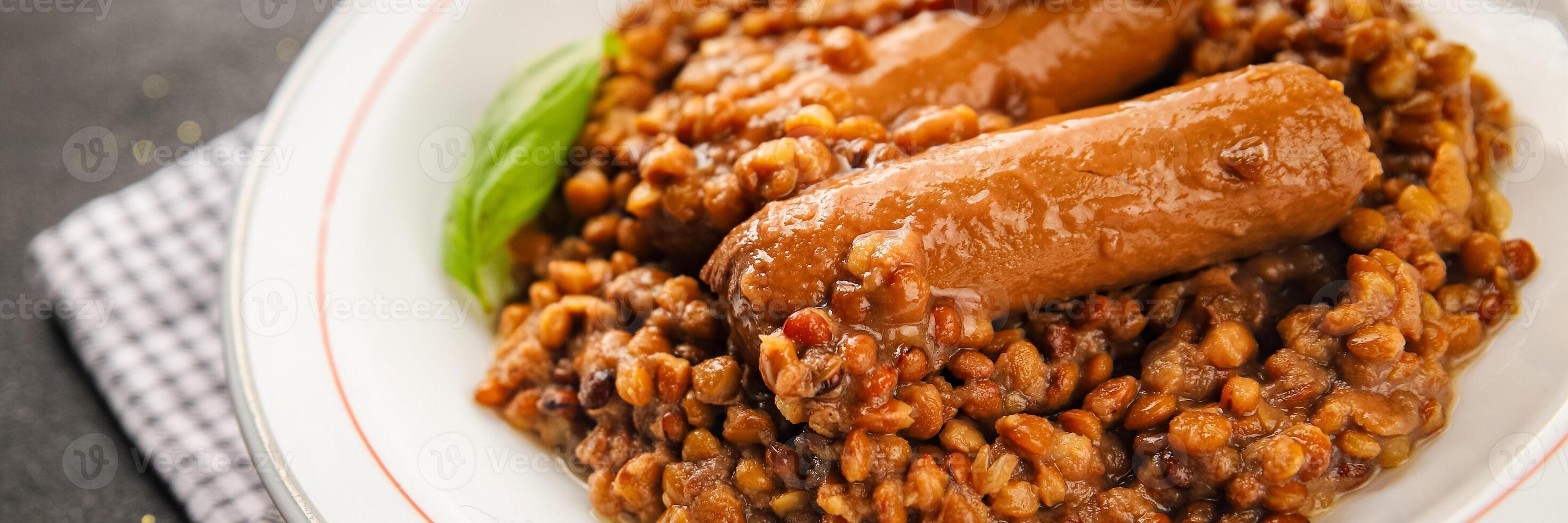 Lentil with sausage tasty food dish second course fresh gourmet food background on the table rustic food top view copy space top view photo