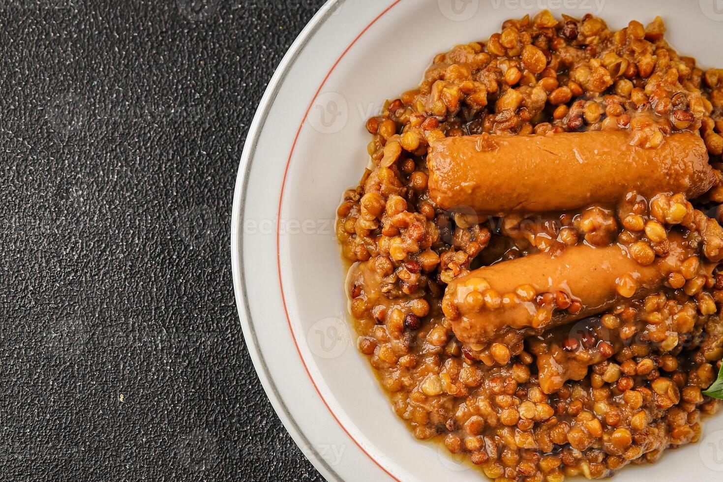 Lentil with sausage tasty food dish second course fresh gourmet food background on the table rustic food top view copy space top view photo