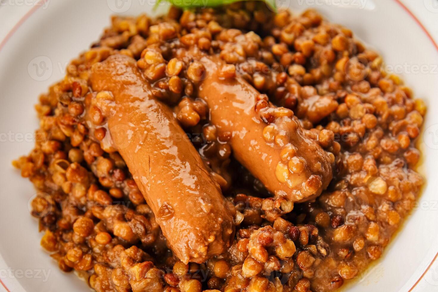 Lentil with sausage tasty food dish second course fresh gourmet food background on the table rustic food top view copy space top view photo