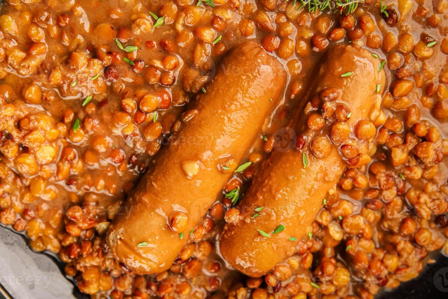 Lentil with sausage tasty food dish second course fresh gourmet food background on the table rustic food top view copy space top view photo
